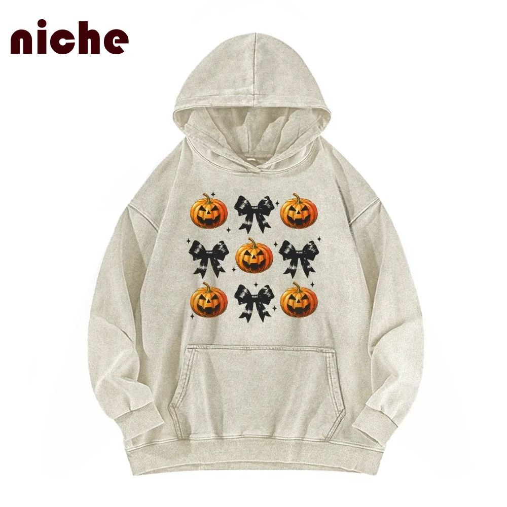 Casual Hooded Sweater Halloween Style Pumpkin Bow Graphic Print Loose Shoulder Neutral Style Hoodie New Sweatshirt