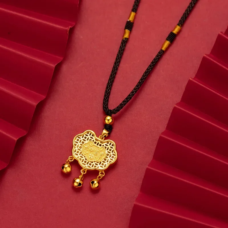 9999 Real Gold 24K Double-sided Long-life Wealth Small Gold Lock Pendant Long-life Lock Necklace Ethnic Style