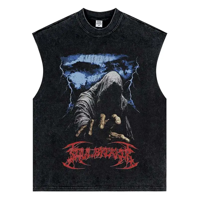 Harajuku Streetwear Summer Punk Knight Helmet Print Vest Hip Hop Vintage Washed Cotton Tops Neutral Sleeveless Loose Tank Top