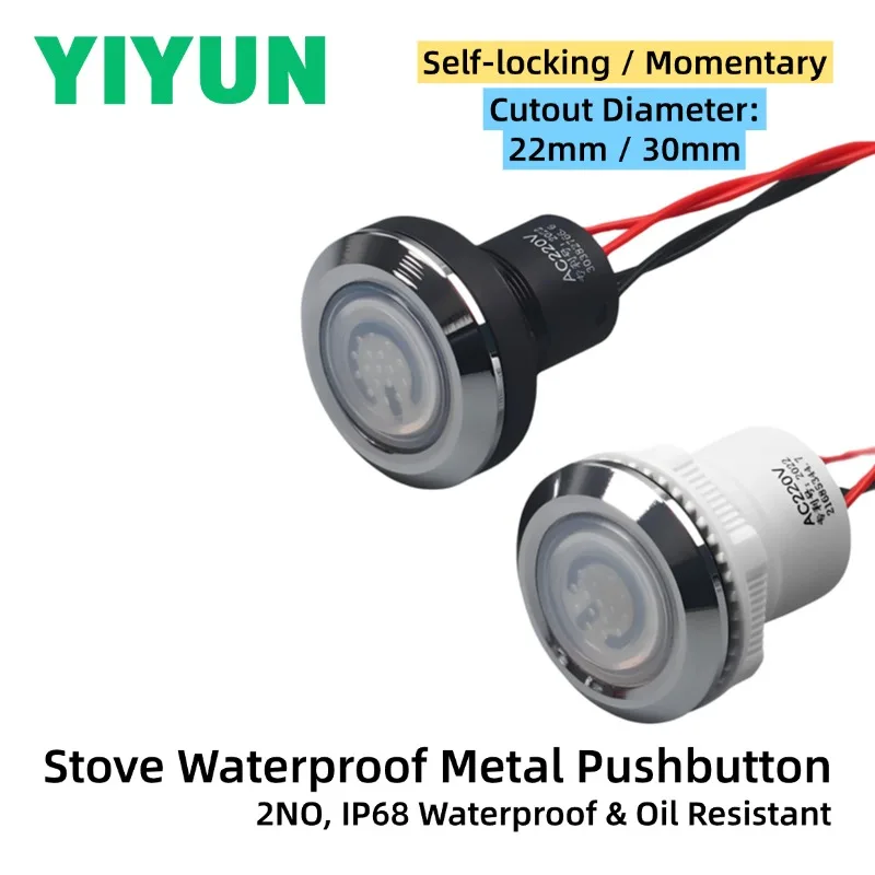 1PC Stove Metal Pushbutton Switch 2NO IP68 Waterproof Oil Resistant 22mm 30mm Self-locking / Momentary LED Power Button