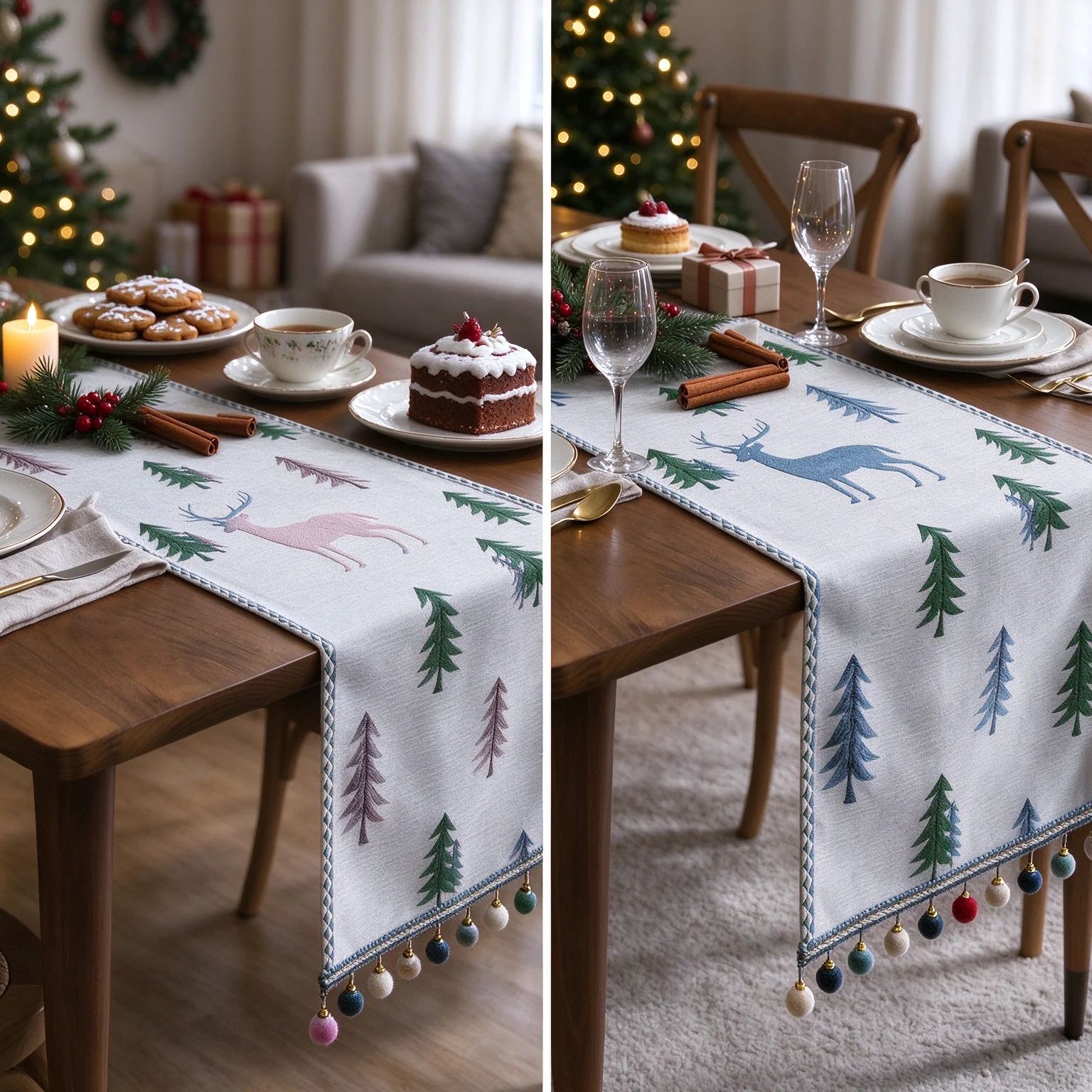 Christmas Table Runner, Xmas Winter Tree Table Runner Vintage Trees Pattern Washable for Kitchen Dining Table Holiday Decoration