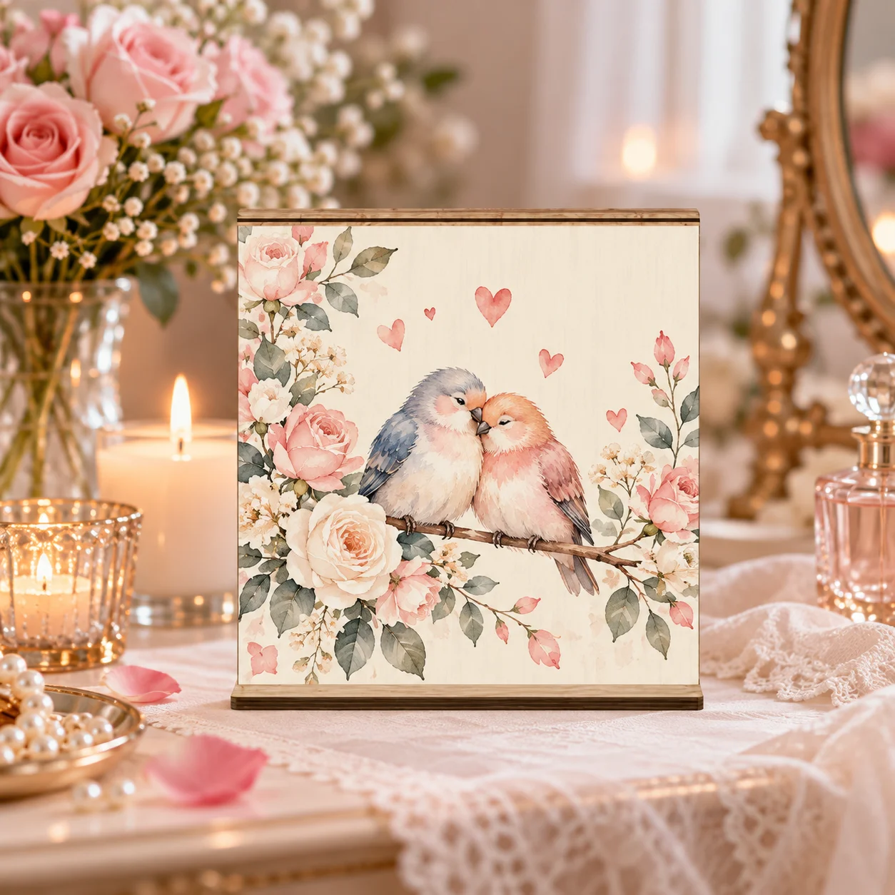 Customizable wooden easel-style photo display stand—a reusable tabletop photo holder perfect for various settings. An ideal gift