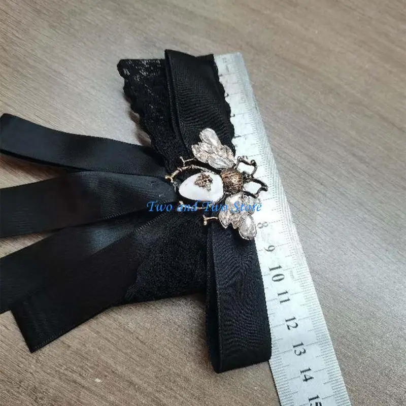 HX6F Elegant Ribbon Bowknot Brooch Pin Neckwear Decorative Accessory With Rhinestones Bees Decors For Suits And Formal Event