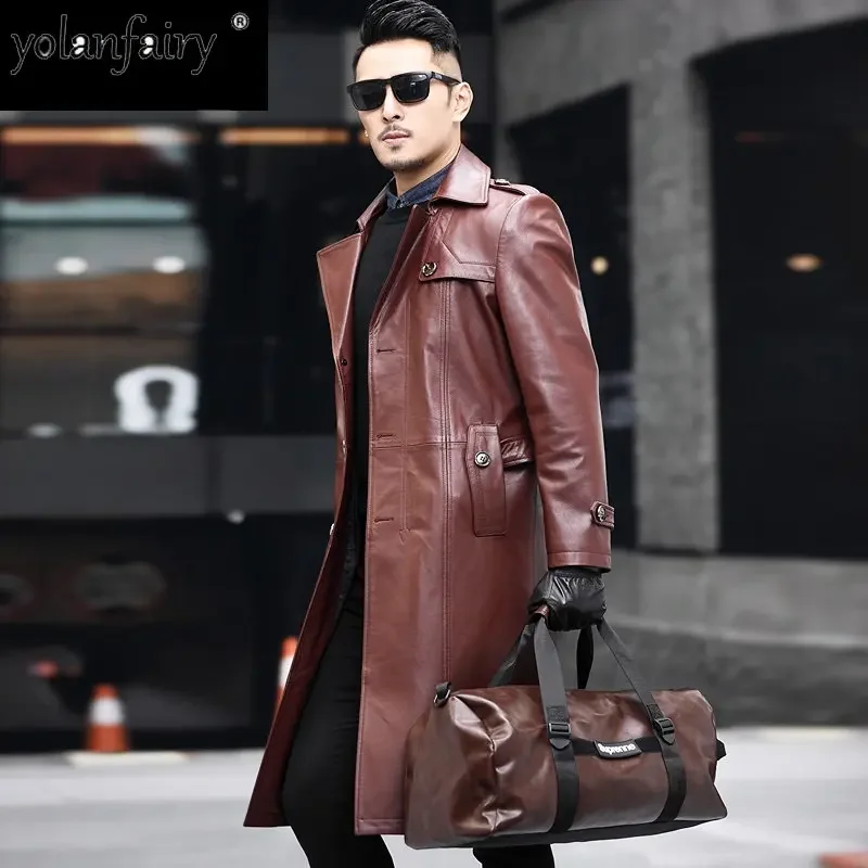 First Layer Cowhide Natural Leather Jacket Men Windbreaker Coats Super Long Suit High-end Fashion Casual Leather Coat Trend FCY