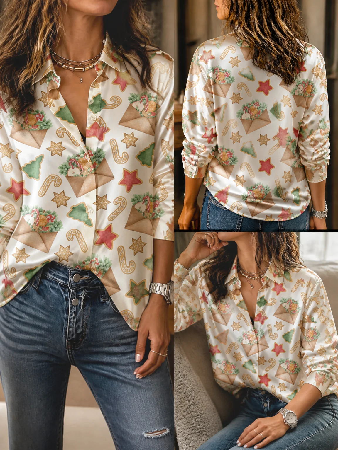 Ladies Silky Lapel Satin Blouse, Long Sleeve Christmas Element Top for Xmas Party Weekend Outfit