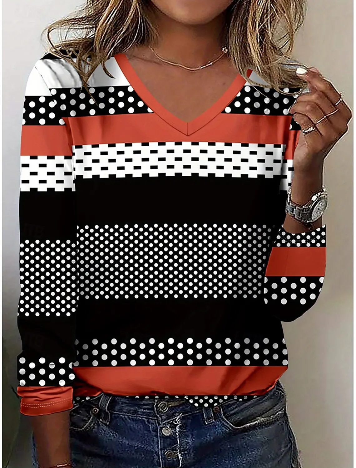 

2025 Women's T-Shirt Graphic Geometric Line Elegant Fashion Tee Long Sleeve T-shirts V-Neck Regular Tops Pullover Fall Winter