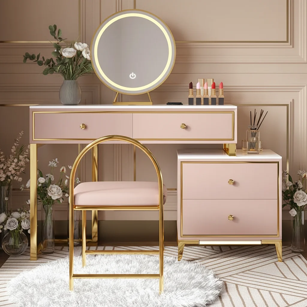 %Luxury French Gold Leg Wooden Vanity Set Adjustable Lighted Mirror Stool Eco-Friendly Modern Dressing Table for Bedroom Living