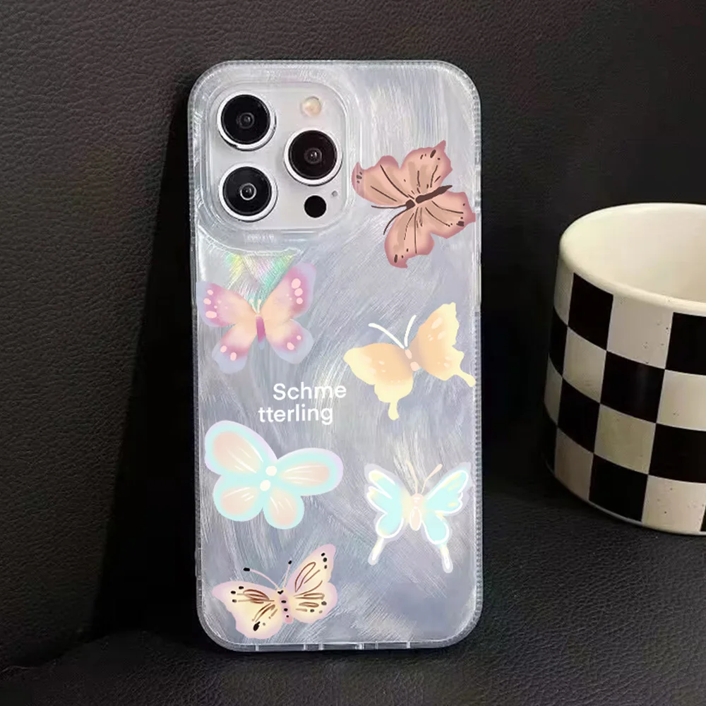 Luxury Camlet Pattern Laser Phone Case For iPhone 11 14 13 12 11 15 Pro Max Plus Aesthetics Butterfly Shockproof Bumper Cover