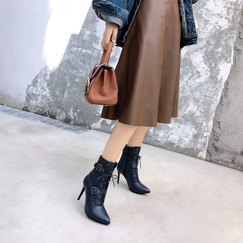 New Women Ankle Boots thin heel pointed Lace Up Female booties belt Buckle Autumn Winter Sexy Ladies High Heel Shoe Large Size