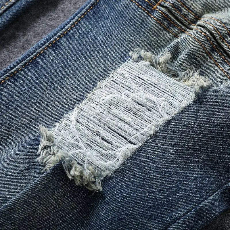 Broken pleated motorcycle jeans for men with slim fit and small feet retro and nostalgic trend street casual elastic denim pants