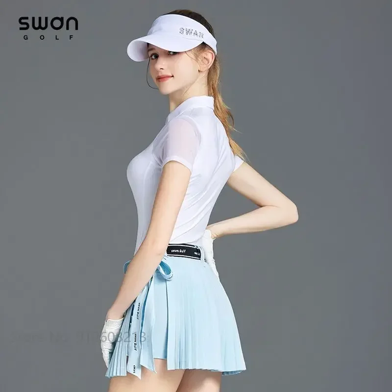 SG Women Pleated Bow Golf Skirt Adjustable Waistband A-line Skort Ladies Breathable Fast Dry Shirt Elastic Ice Silk Golf Tops