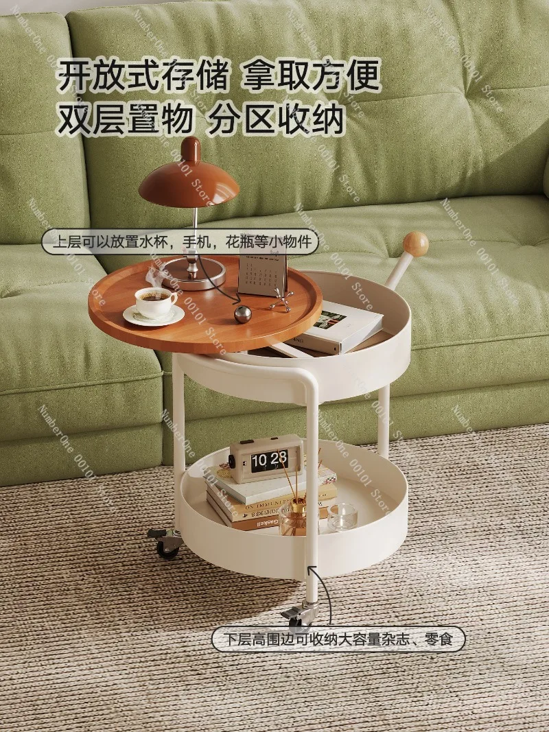 Elegant Cream Style Living Room Movable Sofa Side Table Small Round Tea Coffee Table Creative Rolling Trolley Storage Rack Home
