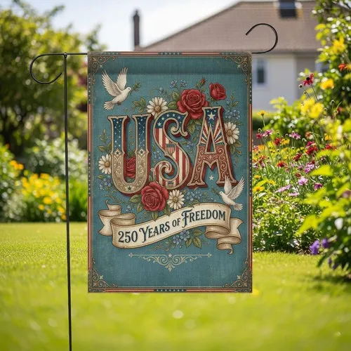 USA 250 Years of Freedom Garden Flag Floral Patriotic Anniversary Yard Decor IIX