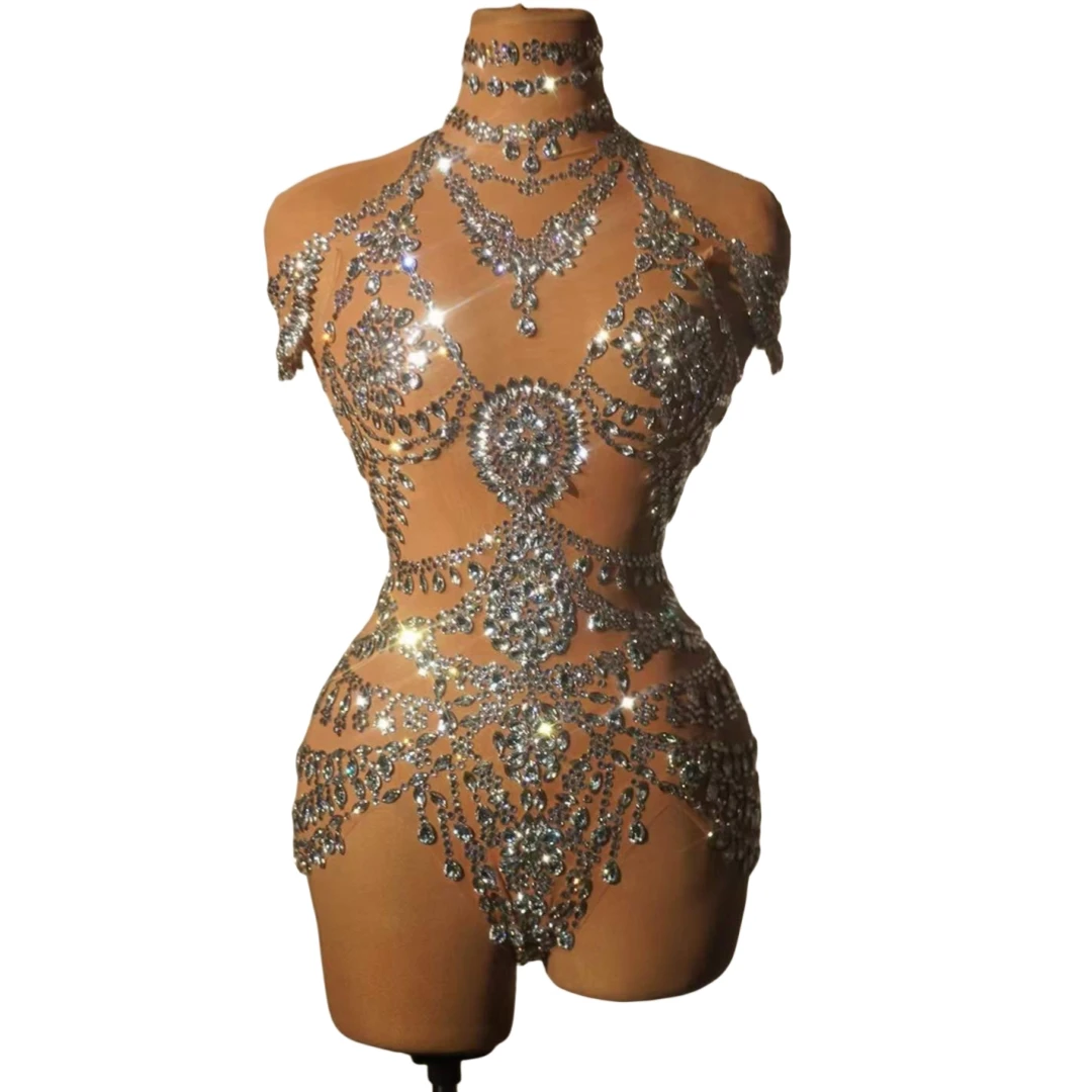 Women Sparkly Bodysuits Hot Drilling Process Rhinestone Mesh Stunning Outfits