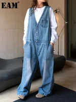 [EAM] Women Blue Denim Pocket Big Size Long Jumpsuit New High Waist Pocket Stitch Pants Fashion Tide Spring Autumn 2026 1DH6230