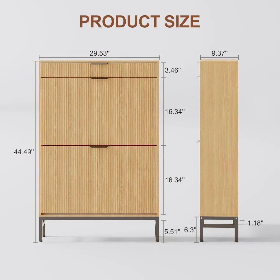 Modern Shoe Cabinet with 3 Flip Drawers 2 Small Drawers Hook Slim Fluted Shoe Storage Organizer Narrow Entryway Cabinet
