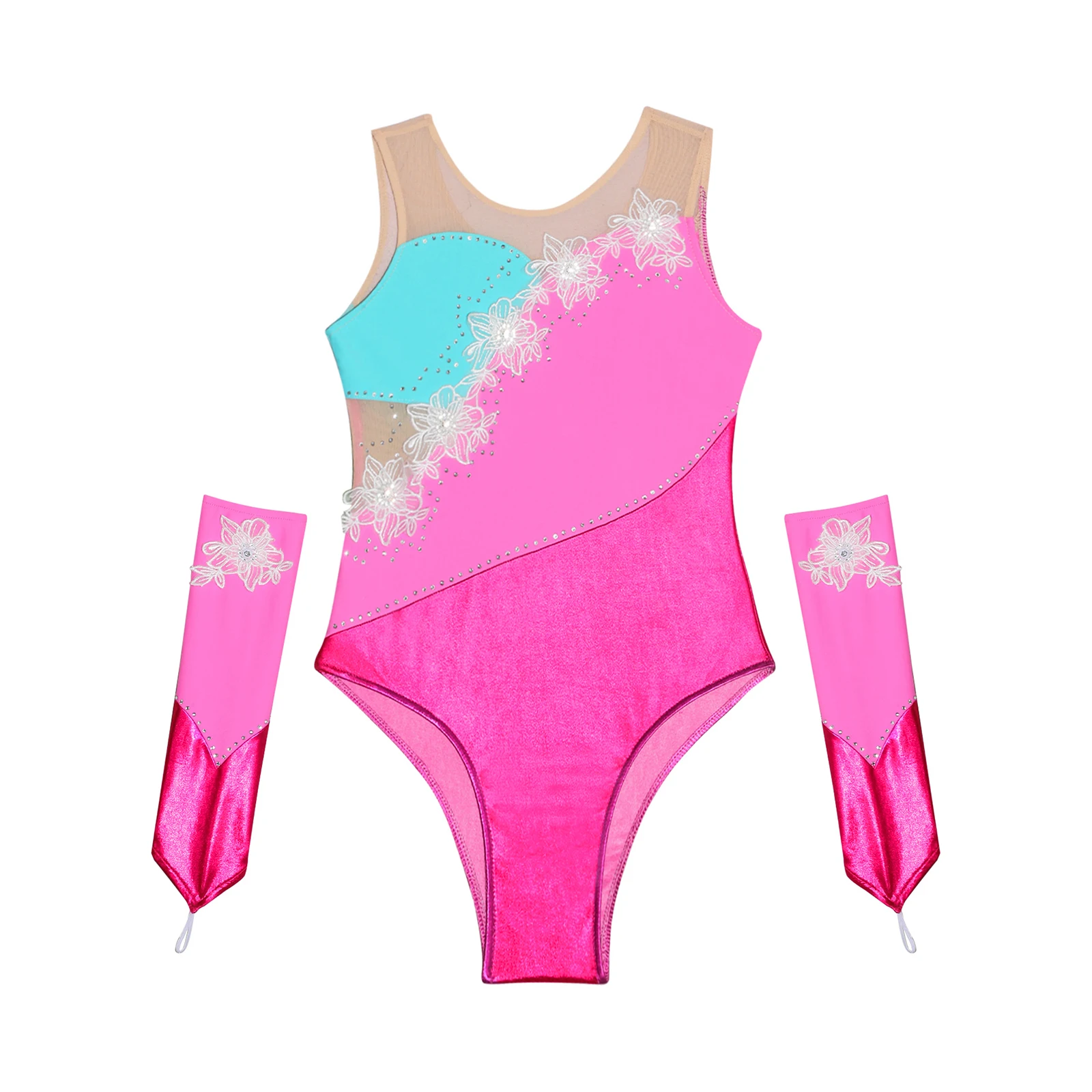 6-16Y Girls Figure Skating Costume Ballet Lyrical Dance Gymnastics Leotard Sleeveless Shiny Rhinestone Bodysuit with Sleeves