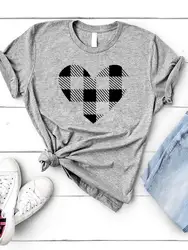 Plaid Love Heart Trend Cute Tee Christmas Holiday Top Print Women Fashion Lady New Year Shirt Clothing Clothes Graphic T-shirt