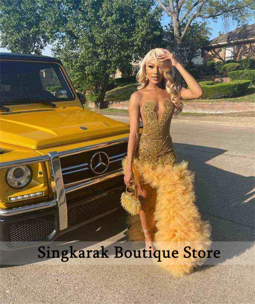 Sparkly Gold Prom Gown 2026 Bead Crystal Tiered Ruffles Vestidos De Festa Birthday Party Dress Graduation Party Customized