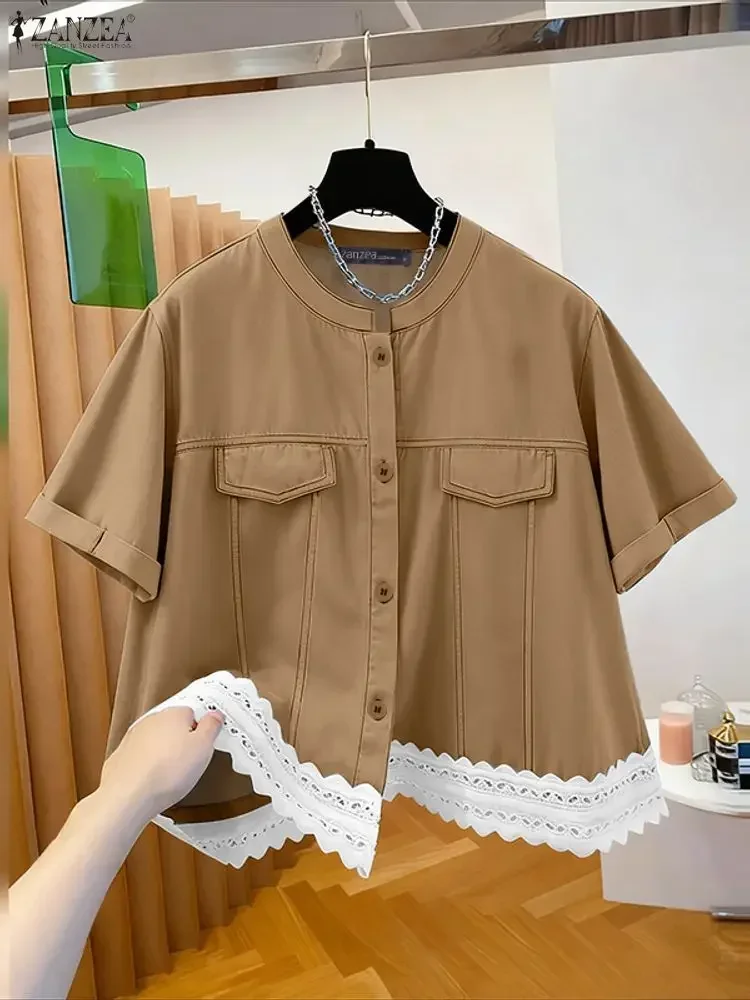 2025 ZANZEA Camicie da donna estive Moda manica corta in pizzo Patchwork Camicetta Bottoni eleganti Tunica allentata casual Top Blusa vintage