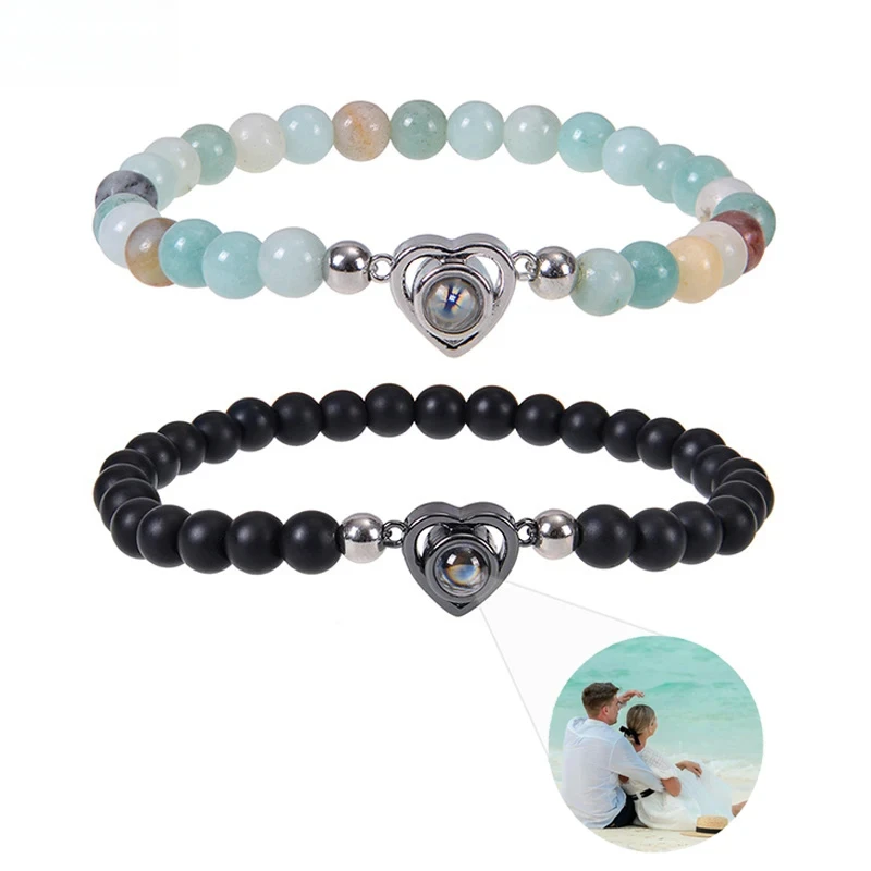 

Custom Photo Bracelet with Picture Inside Personalized Photo Projection Bracelet Heart Picture Natural Stone Beads Bracelet Gift