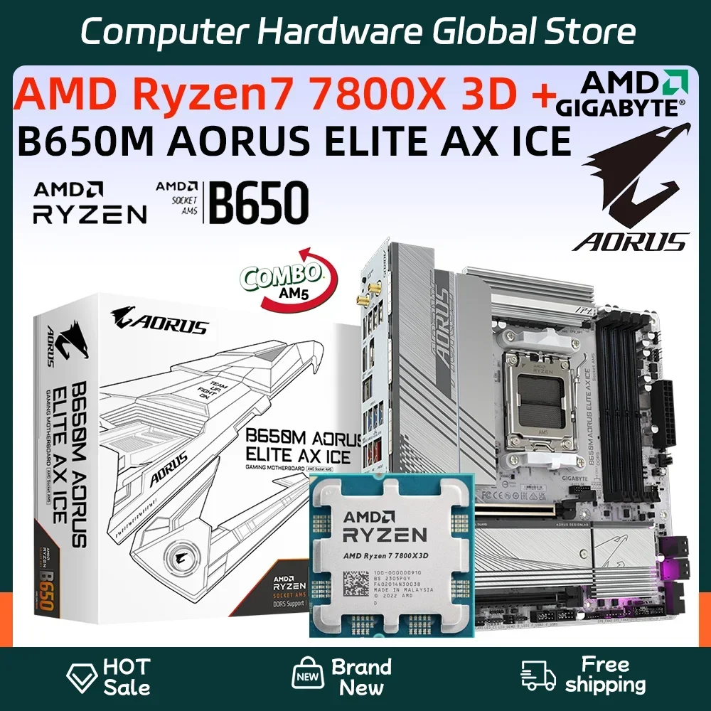 Gigabyte AMD R7 7800X 3D+B650M AORUS ELITE AX ICE Double Channel AM5 slot White motherboard 128GB Memory DDR5 Wi-Fi 6E PCIe 5.0