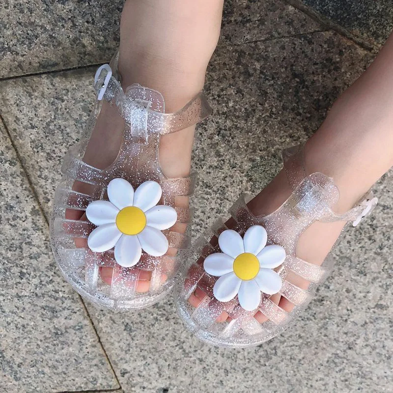 New Girls Summer Sandals Children Shoes Cubic Flower Figure Transparent Models Flat Sandals Outdoor Parent-child Kid Beach Shoes