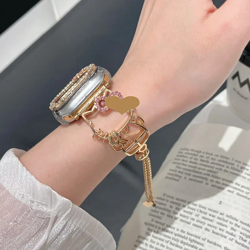 Ladies Diamond Strap for Apple Watch Band 49mm 42mm 40mm 44 45 46 Cute Cat Metal Link Bracelet for IWatch S10 9 8 7 SE with Case
