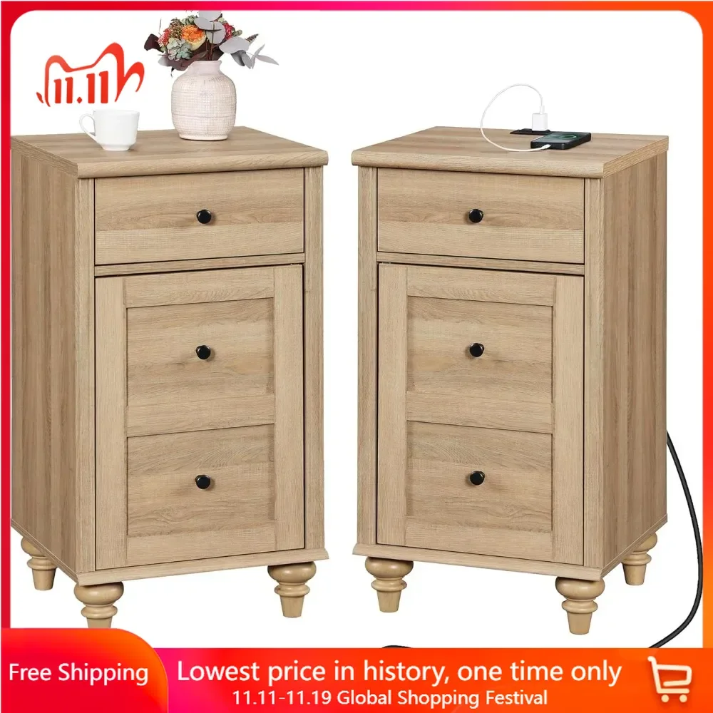 

Nightstand Set of 2 with Charging Station, Power Outlets & USB Ports, Drawer and Storage Cabinet, Modern Nightstand