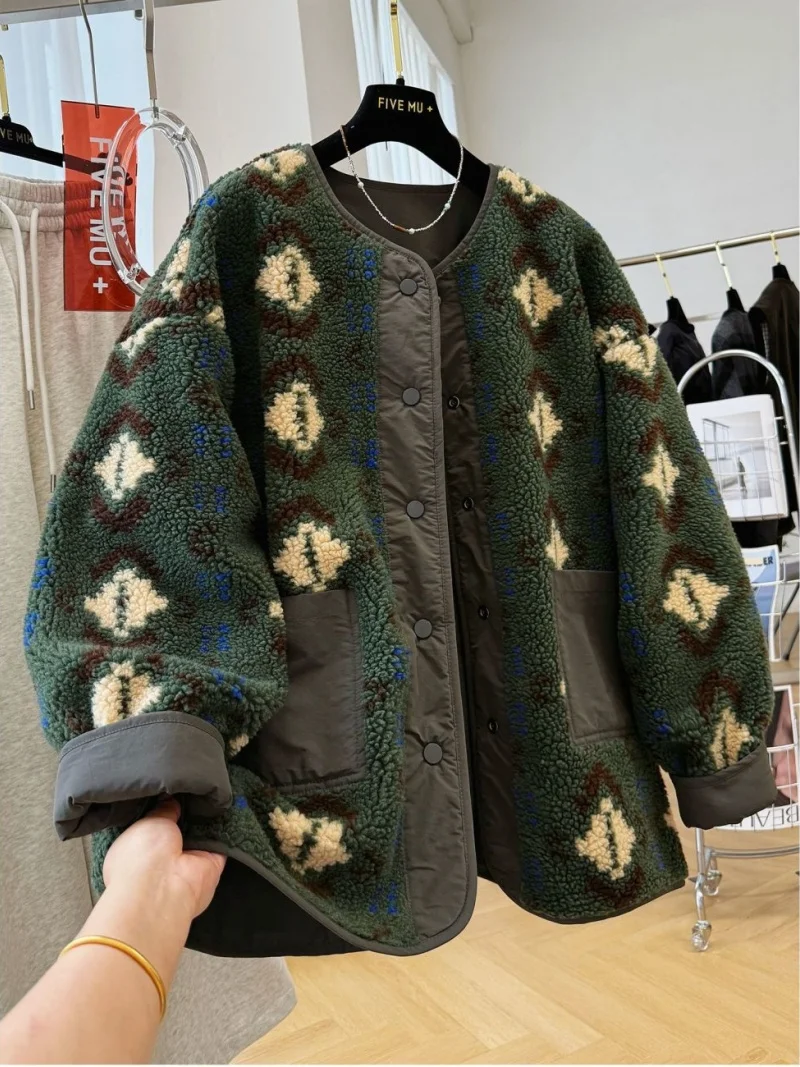 

Reversible Plush Jacket Large Size Women's Clothing Japanese Korean Style Lazy Casual Vintage Lamb Wool Fleece Coat w1440