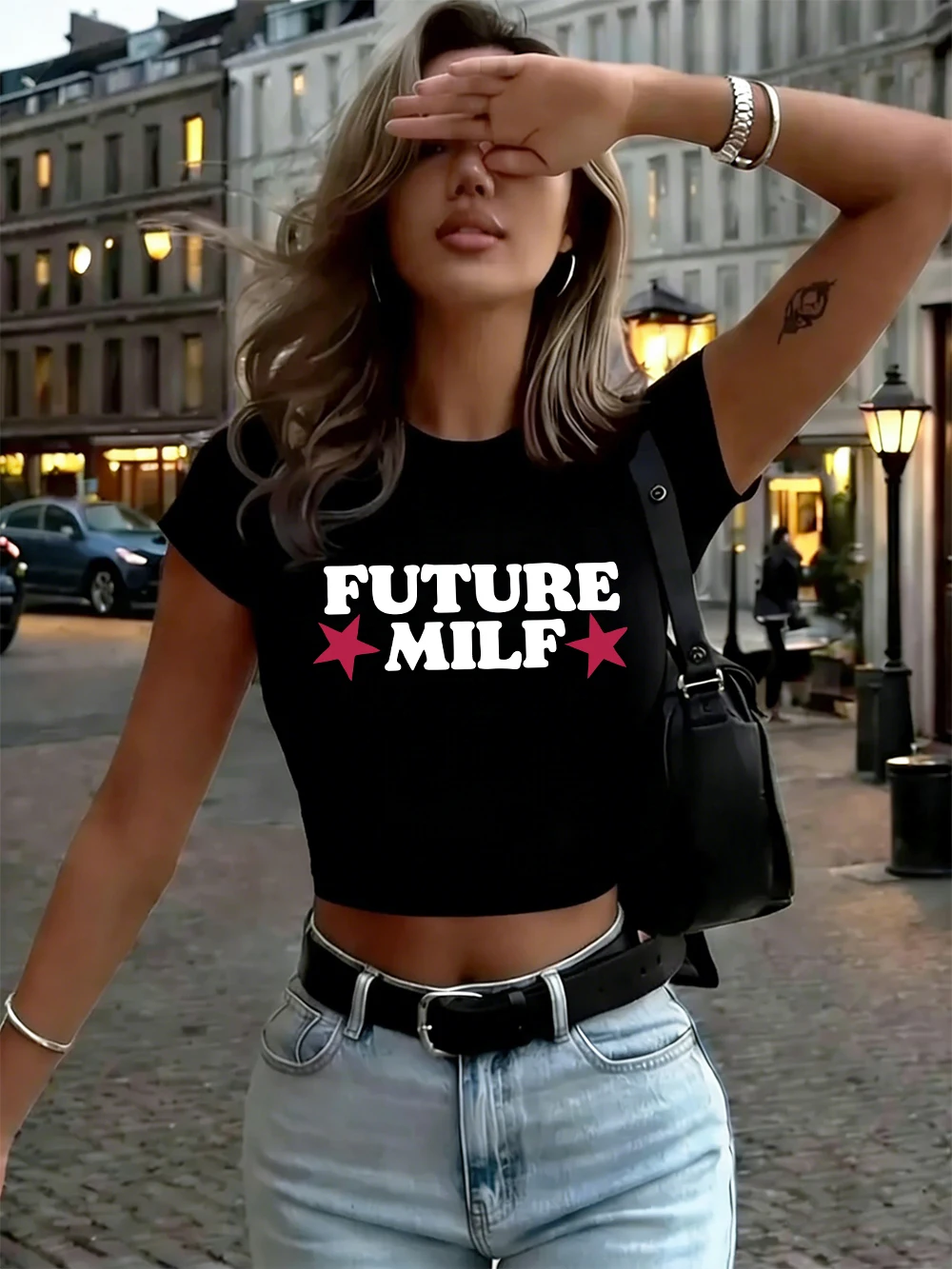 Future Milf Letter Printing Womens Crop T-Shirts Summer Soft High Elastic Tops Y2K Slim Streetwear Comfortable O-Neck Clothes