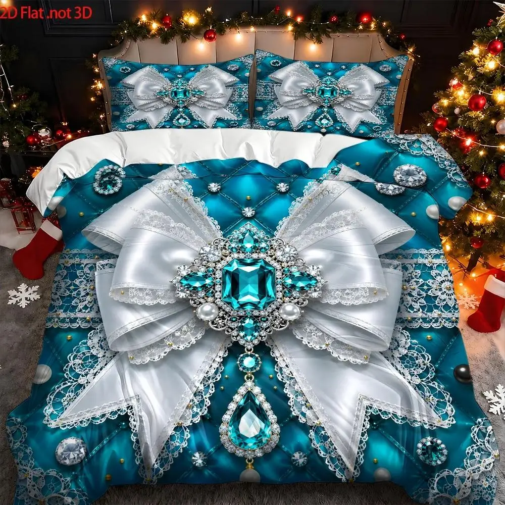 Sapphire Bowknot Luxury Theme Baroque Duvet Cover (1*Duvet Cover+2*Pillowcases), Comforter Sets Quilt Cover Bedding Set Breathable Polyester Invisible Zipper Machine Washable