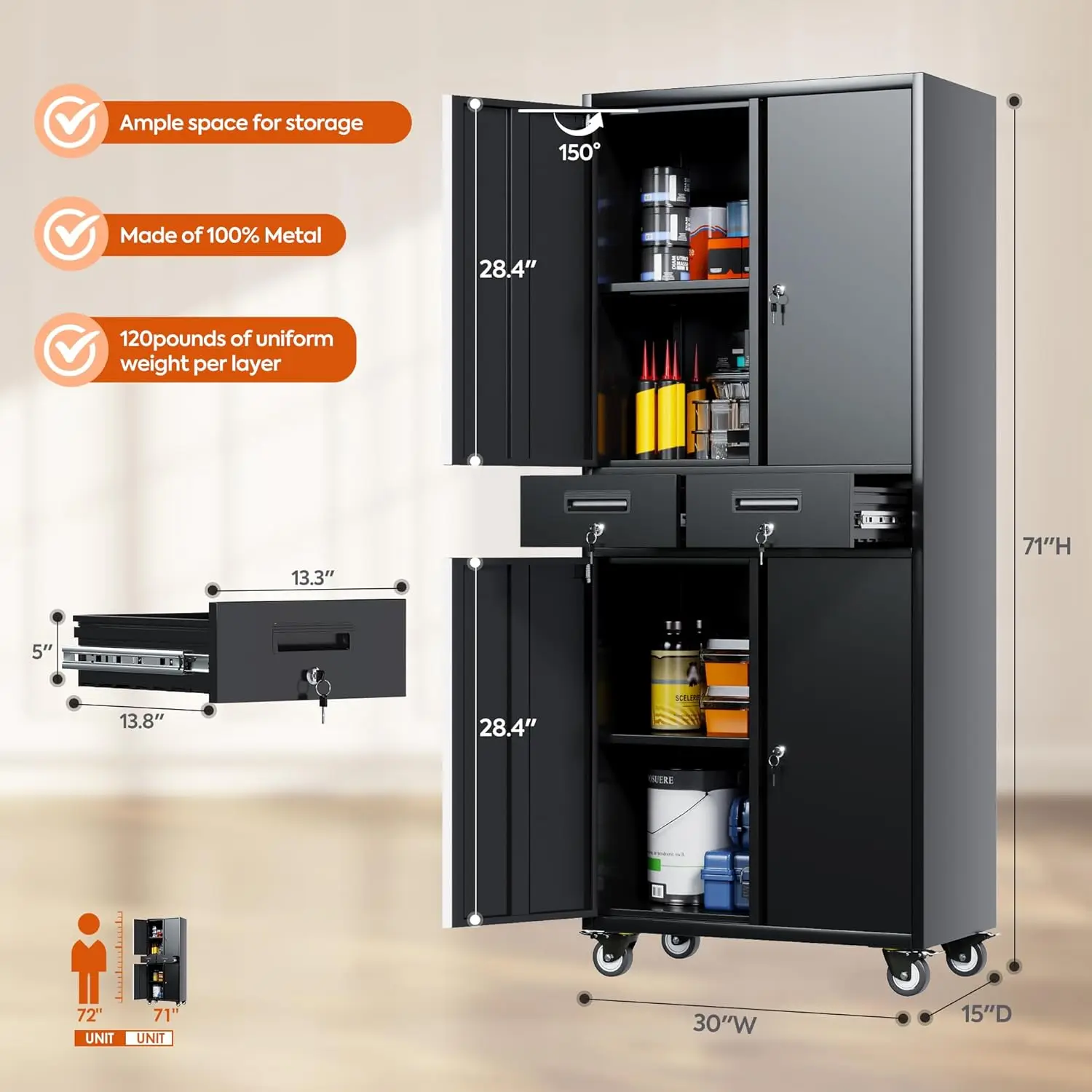 Cabinet with Locking Doors,Tool Storage Cabinet with 4 Wheels and 2 Drawer and Adjustable Shelves- 71