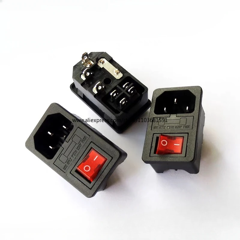 with 10A fuse ! Red Rocker Switch Fused IEC 320 C14 Inlet Power Socket Fuse Switch Connector Plug Connector