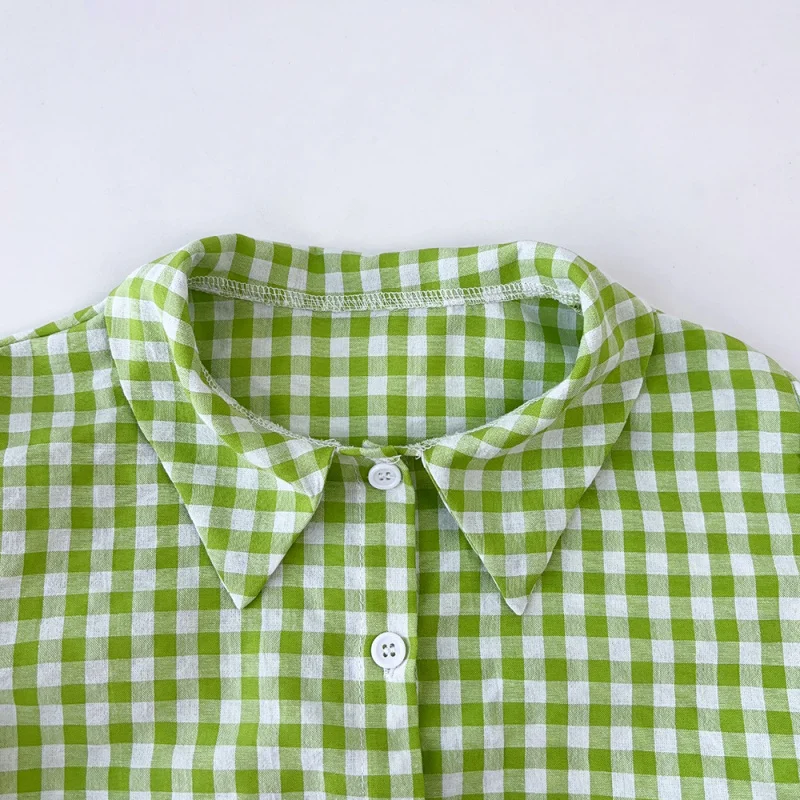 

temuSpring and Autumn New Children's Clothing Set Long Sleeve Plaid Shirt+Sling+Fresh Style Three-Piece Shorts Set