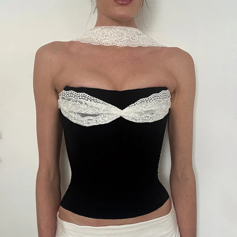Y2K Halter Tank Top Women Patchwork Mesh Summer Trend Strapless Lace Trim Slim Fit Short Length  Color Pullover Vest