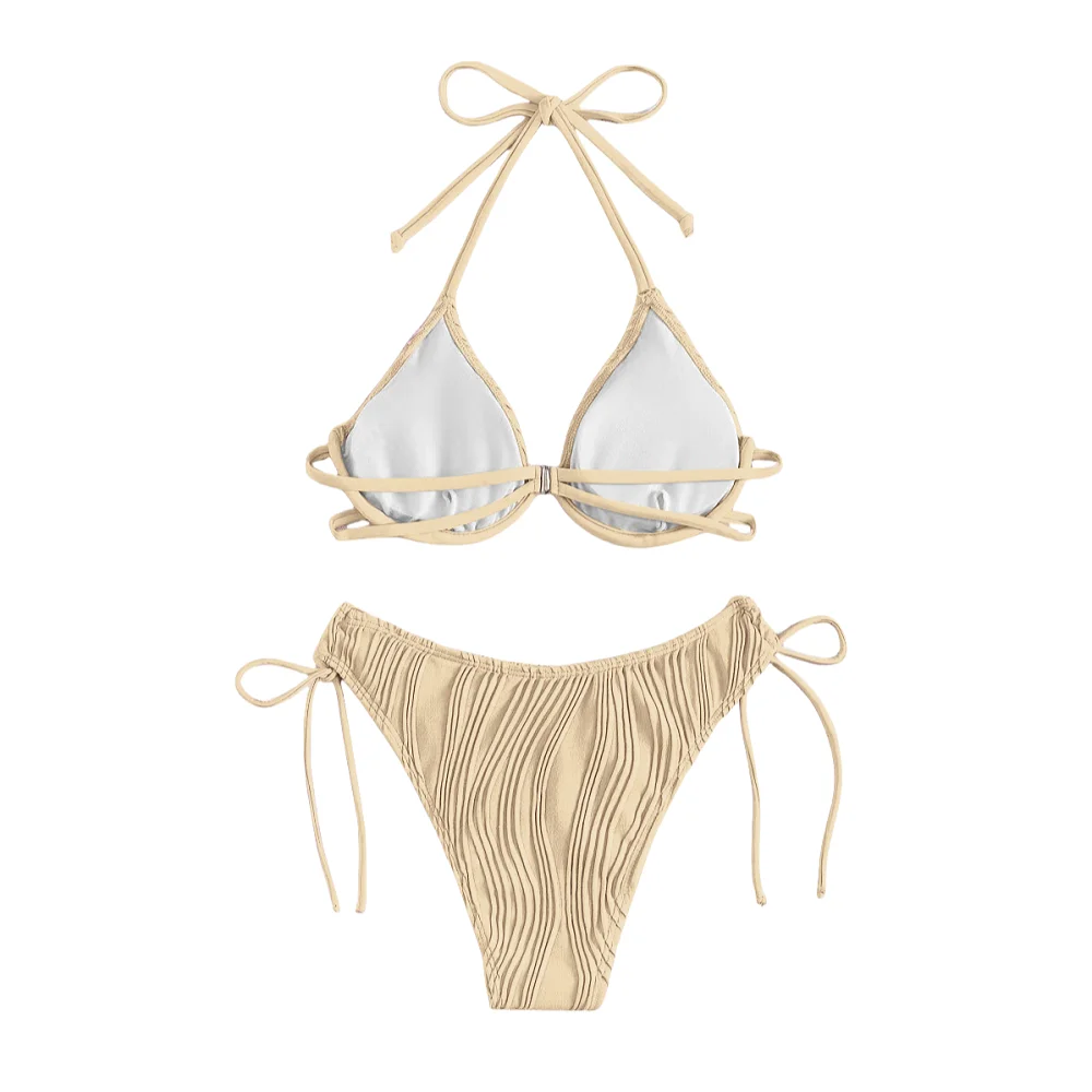 Elegant Beige Ruched Bikini Set - Halter Neck and Adjustable Sides Women's Swimsuit Summer Beach Swimwear - Great for Vacations