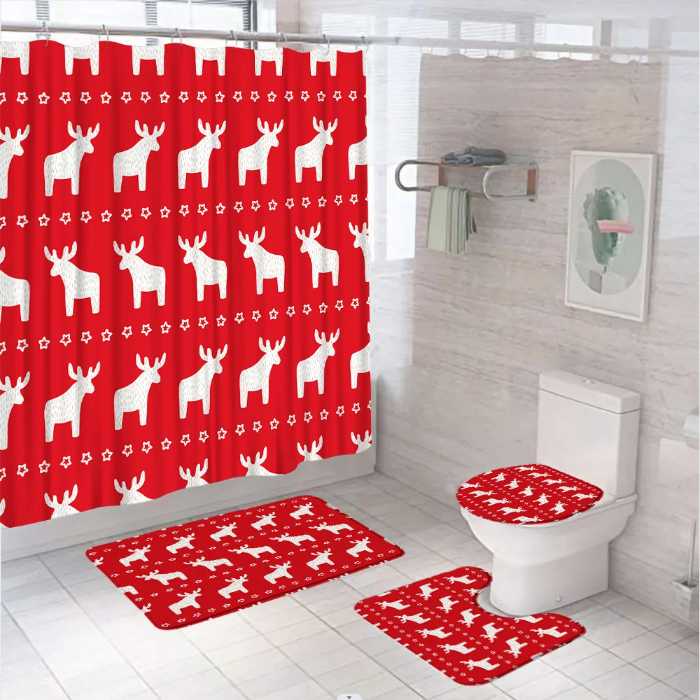 

Christmas Reindeer Shower Curtain Sets Non Slip Rug Toilet Lid Cover Bath Mat Cute Animal Elk Xmas Holiday Decor Home Tub Screen