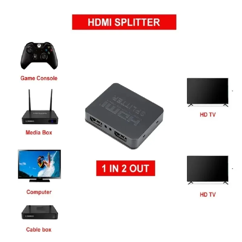 HDMI Splitter 1 in 2 out 1080p 4K HDMI-compatible Adapter 1x2 HDCP 3D Switcher 2 Port Hub For HDTV DVD PS3 Xbox TV BOX Monitor