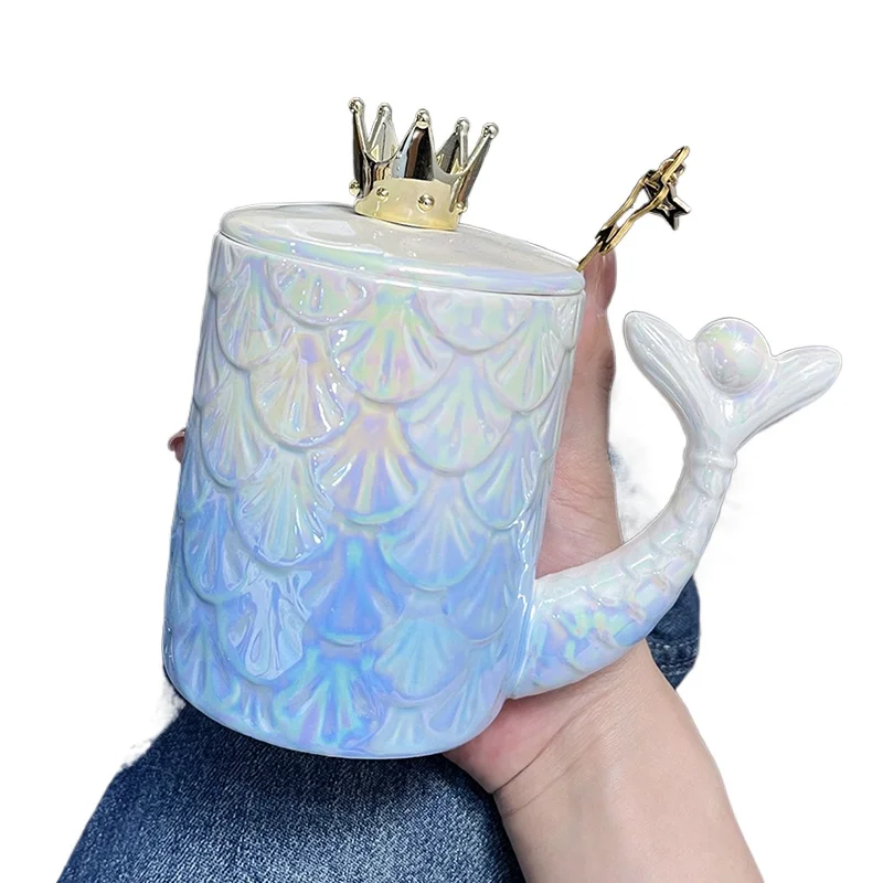

*Colorful cup, mug with lid spoon, ceramic drinking cup, fish tail coffee cup, birthday gift for sisters and girlfriends