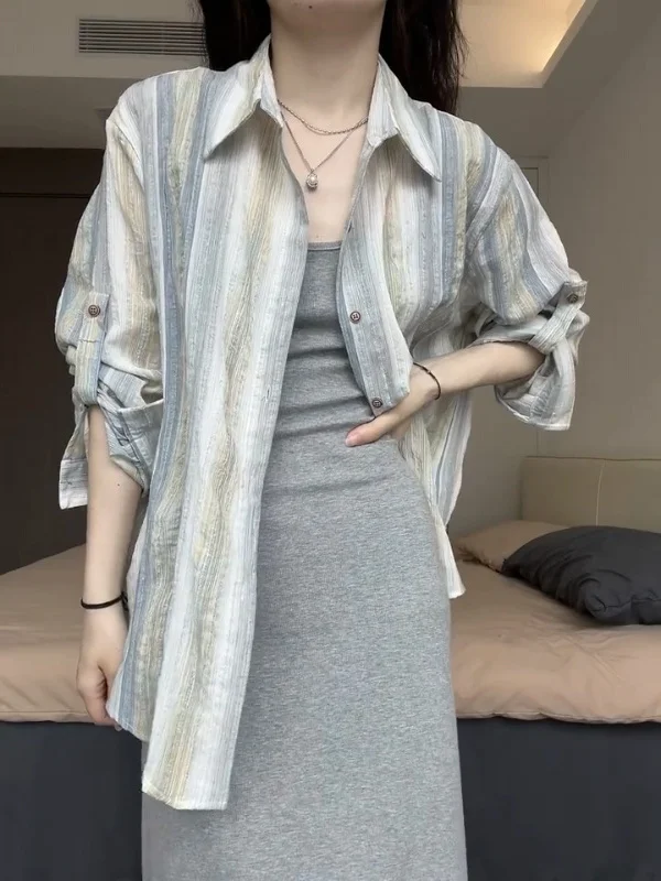 

plus Size Loose Fit Long Sleeve Women's Shirt Casual Striped Spring Summer New Style Premium Feel Top Korean Version Commute ...