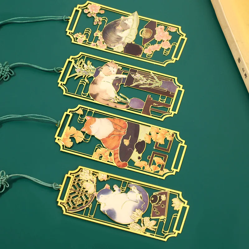 Chinese Cat Metal Bookmark Brass Hollow Out Page Clip for Students Vintage Cultural Bookmark Gift Stationery for Book Lovers