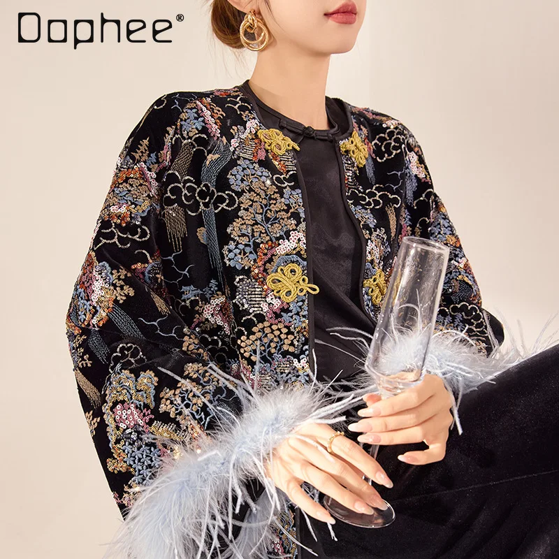 New Chinese Style Spring Temperament Single-breasted Heavy Industry Sequins Embroidered Ostrich Hair Long-sleeved Jacket Women