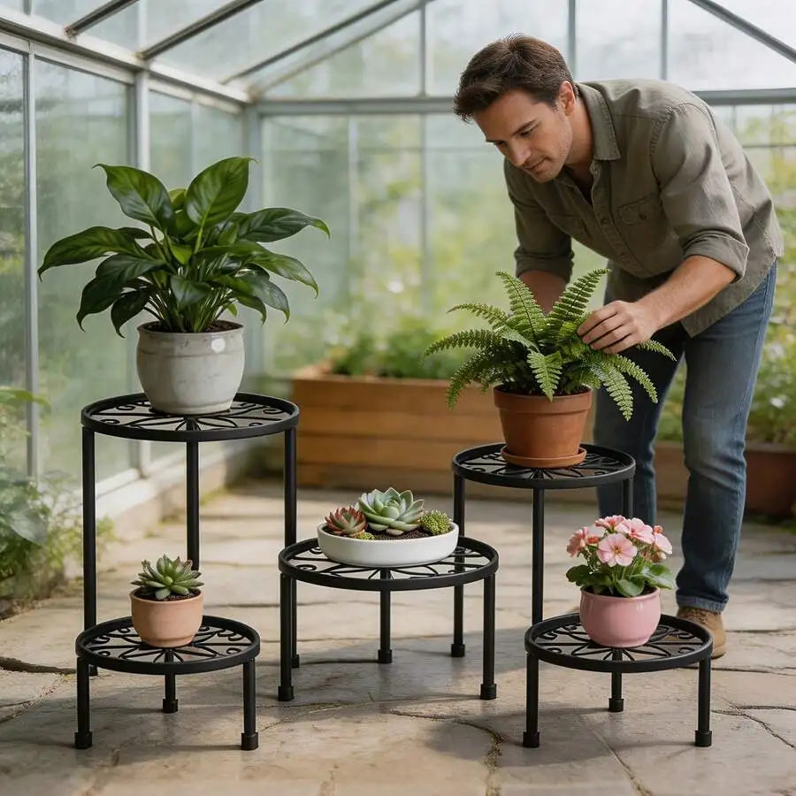 5pcs Metal Plant Holders, Black Round Flower Pot Stands With Decorative Scrollwork Platforms, Three-Leg Support And Sturdy Open