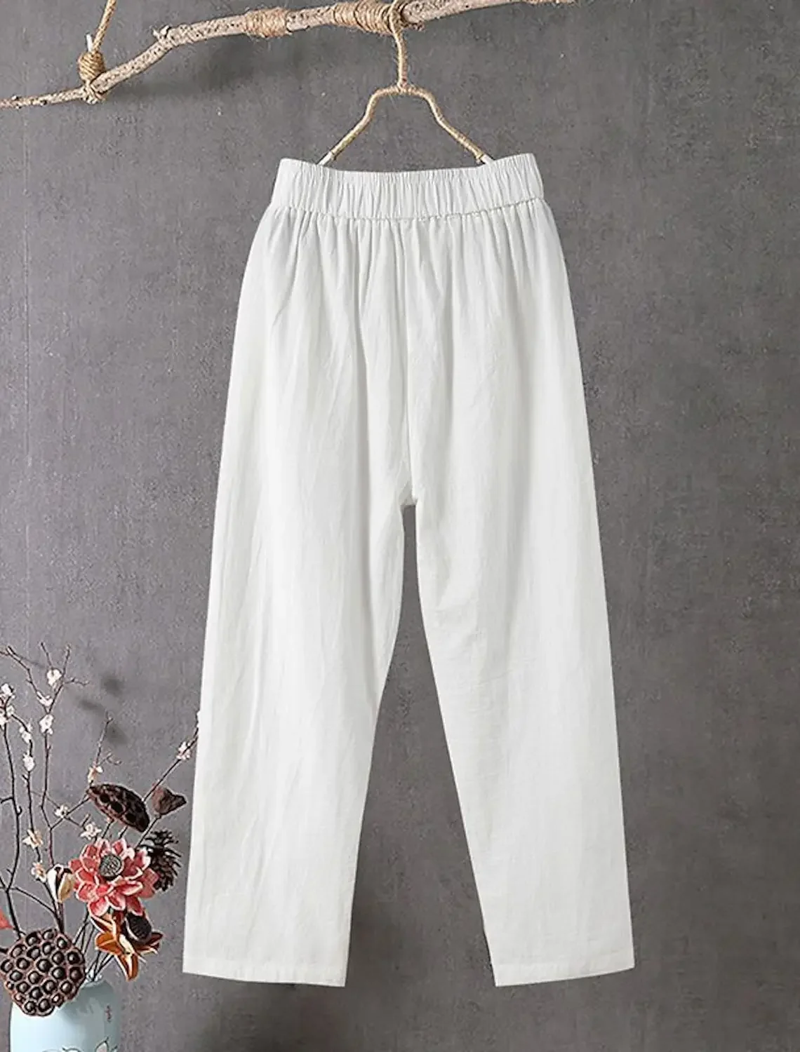 Hot Sale Women Summer Casual High Waist Elastic Loose Pants with Pockets Solid Color Breathable Comfortable Trousers