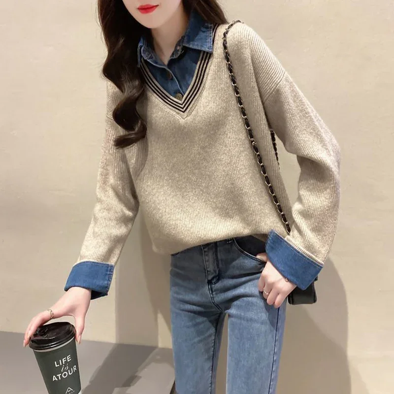 Autumn Winter Fake Two Piece Denim Spliced Casual Sweater Female Long Sleeve All-match Knitting Pullover Korean Style Jumper Top