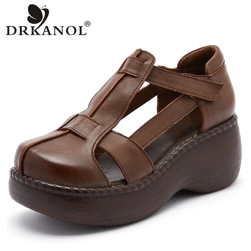 DRKANOL Fashion Retro Summer Shoes Women Wedges Sandals Handmade Genuine Leather Hollow Platform Casual Sandals Female Black