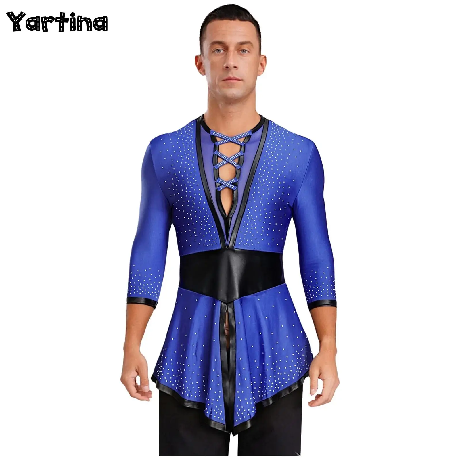 Top de baile latino Famenco para hombre, camisa con cola de golondrina con diamantes de imitación brillantes, Tops de Ballet, Tango, Flamenco, traje de baile de salón