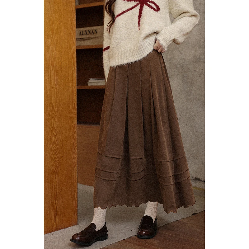 

ALXNAN коричневая винтажная юбка женская осенняя длинная плиссированная юбка с высокой талией 2025 повседневная модная кружевная дизайнерская женская одежда L57307