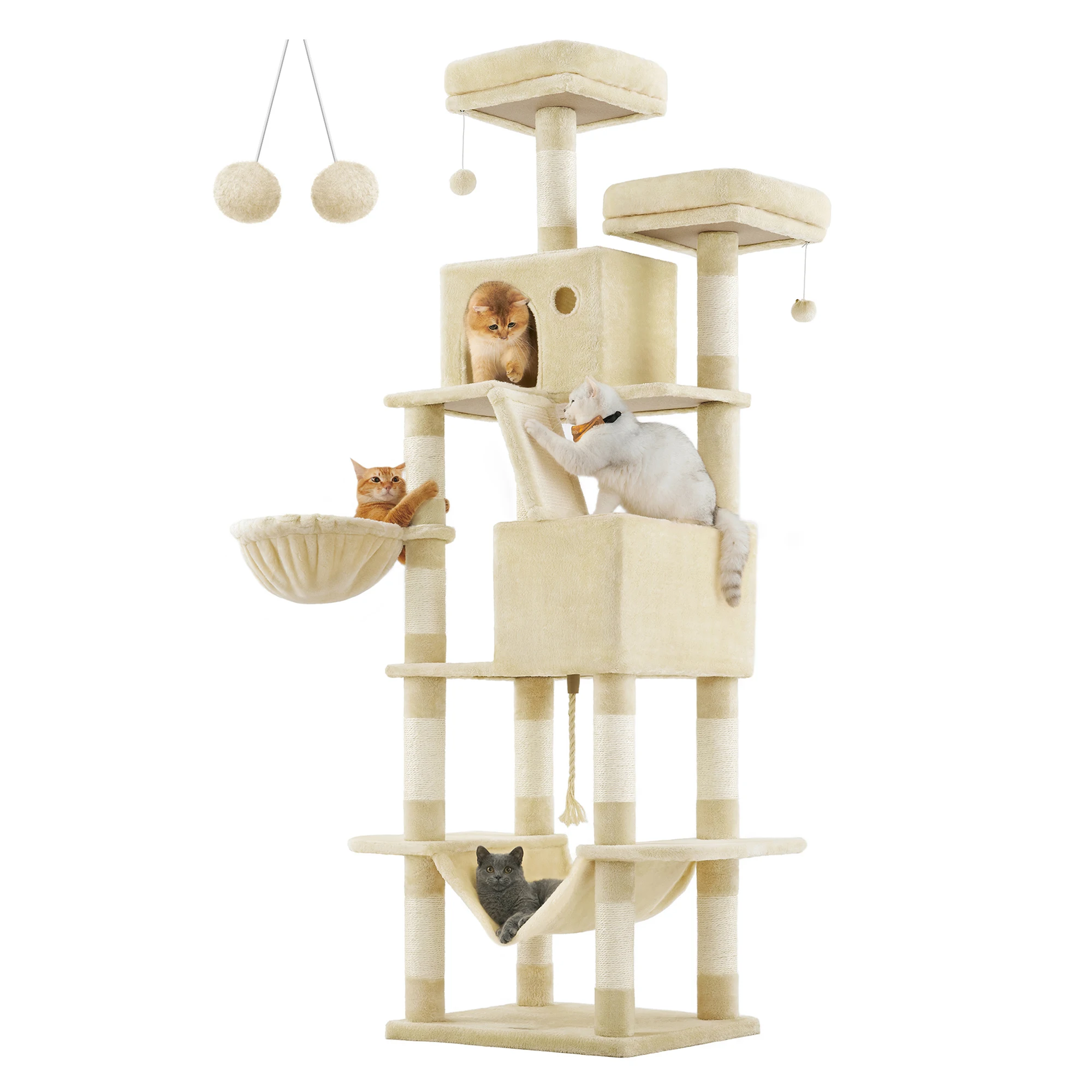 Feandrea Krabpaal Groot, 206 Cm Hoog, Xxl Kattenboom, Met 13 Krabpilaren, 2 Platforms, 2 Grotten Mand Hangmat Pluche Ballen